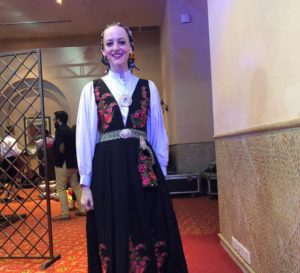 Gillian wearing a Norwegian traditional folk outfit