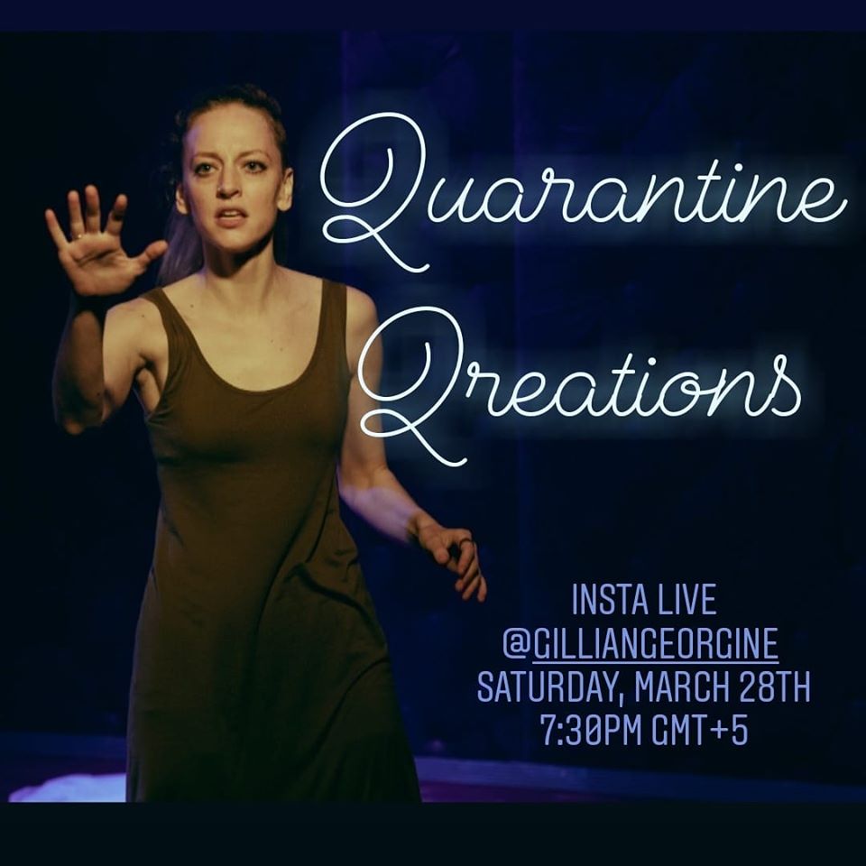 gillian reaching out to the camera with a worried expression with quarantine qreations in script