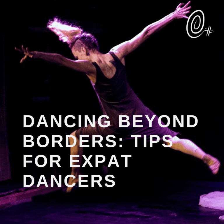 a dancer leaping with their back to the camera and arms outstretched with the words dancing beyond borders tips for expat dancers