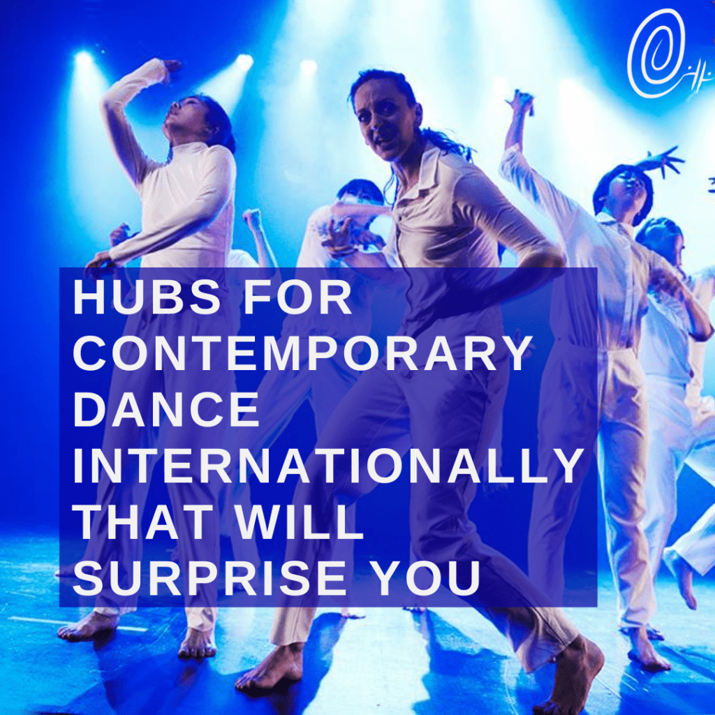 A group of dancers in white clothes with bright blue spotlights behind them with the words hubs for contemporary dance interationally that will surprise you
