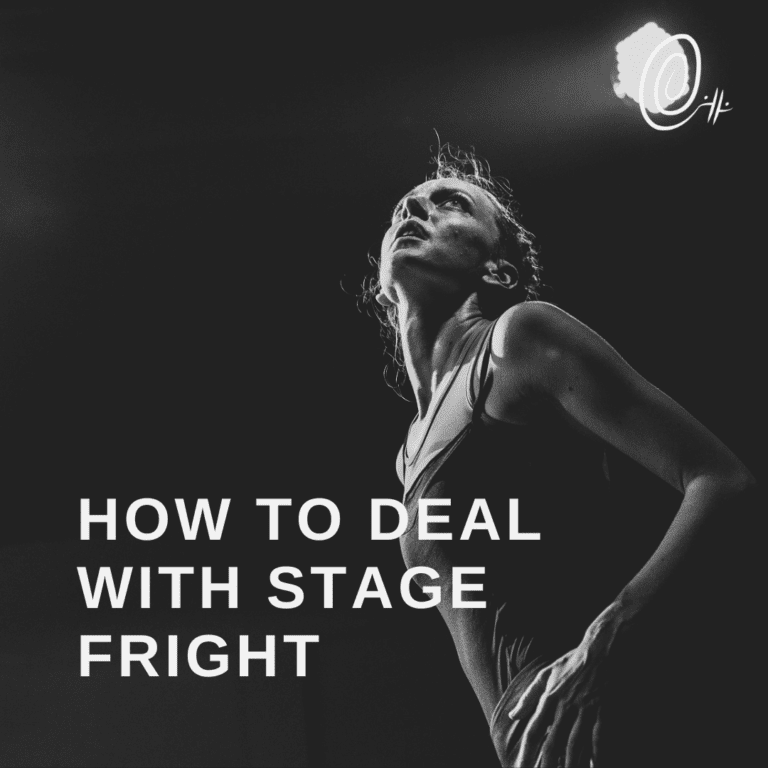 a performer looking frightened up and away over the camera with the words how to deal with stage fright
