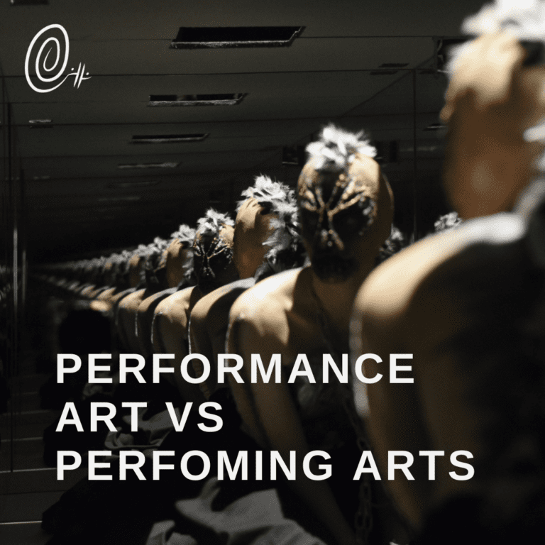 an infinitely reflecting image of a strange creature with the words performance art vs performing arts