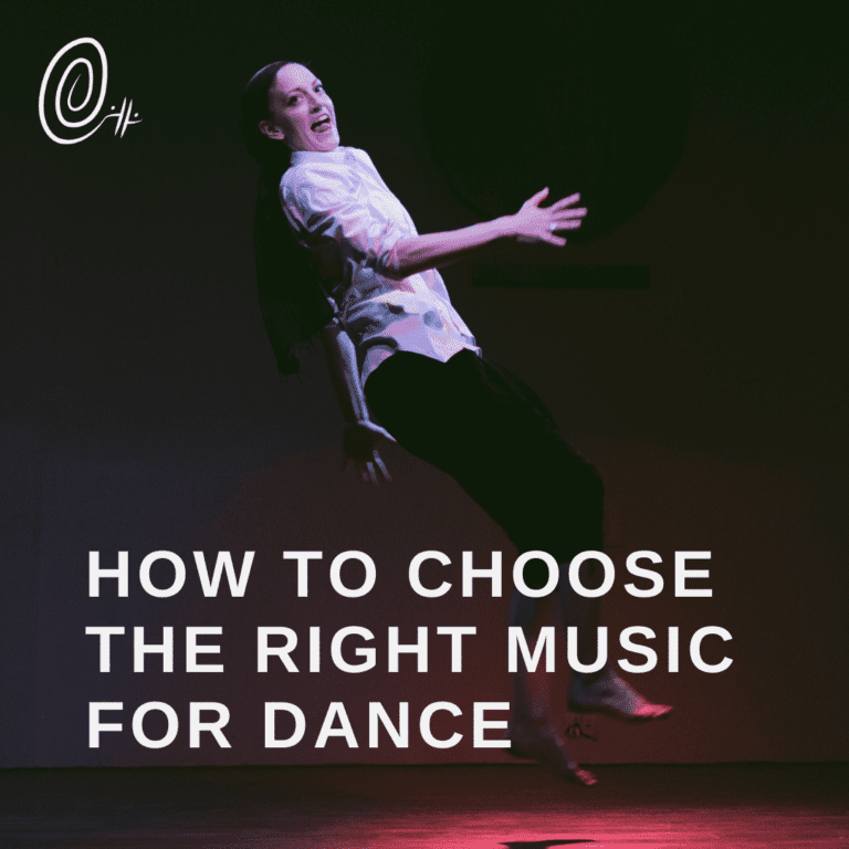a performer with a goofy smile leaping backwards with the words how to choose the right music for dance