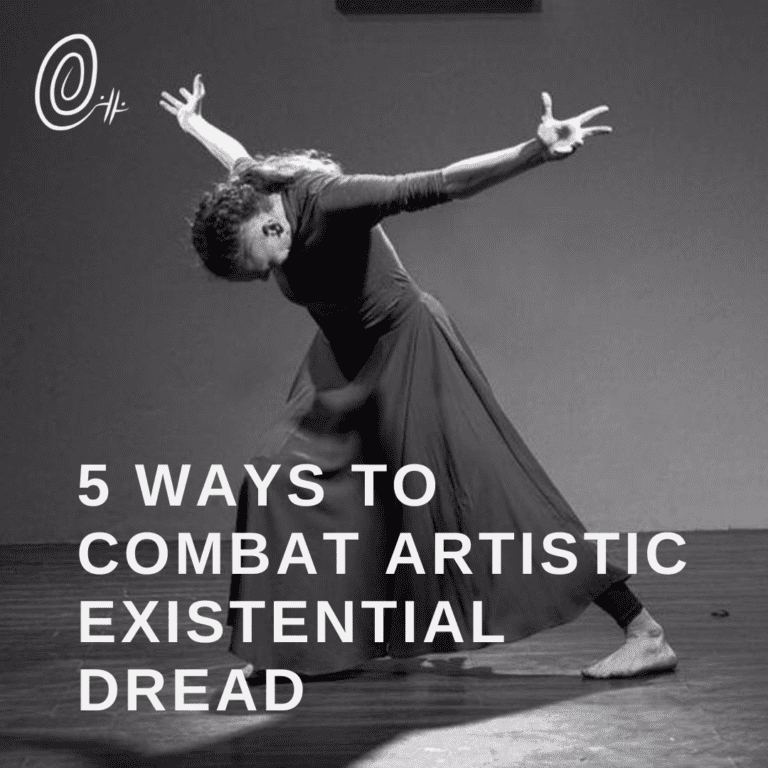 a dancer bent forward with arms up as though carrying something heavy with the words 5 ways to combat artistic existential dread