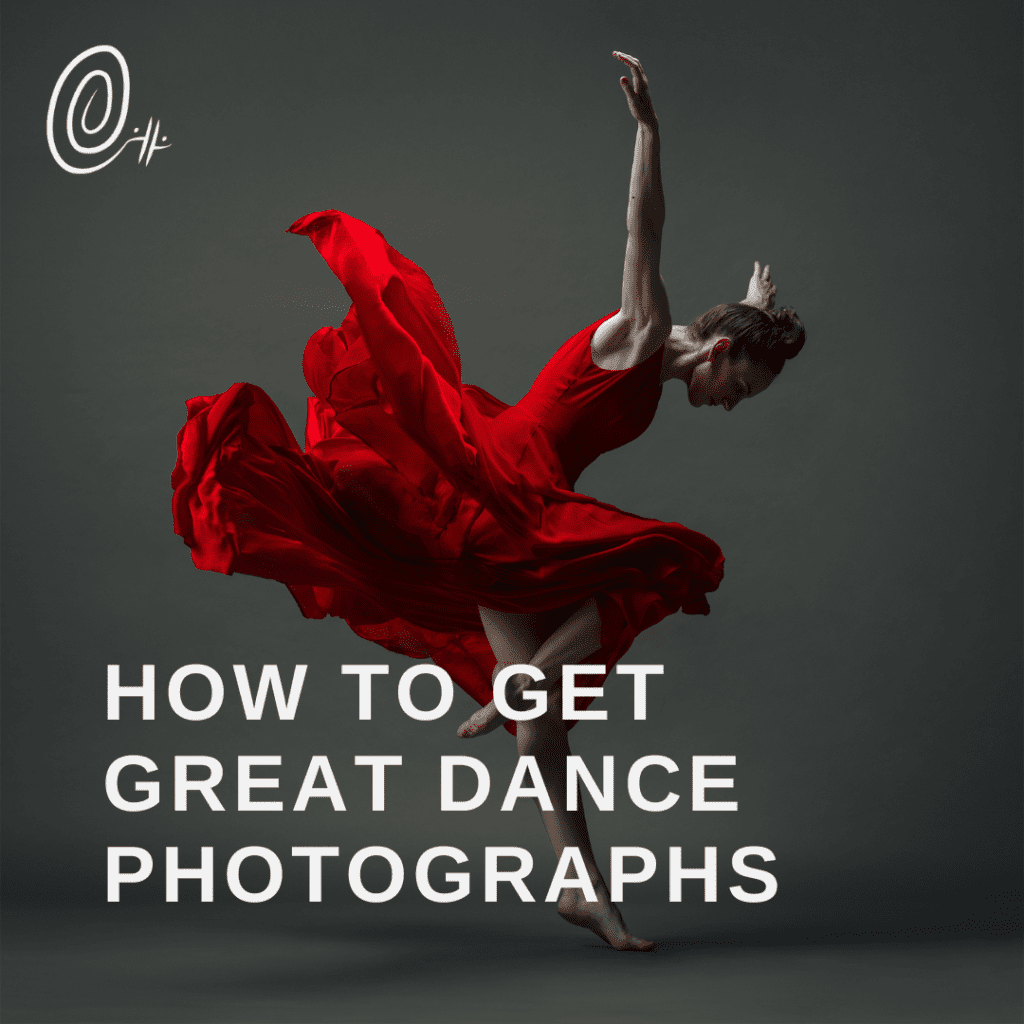 a dancer in a red dress with billowing fabric and a striking post with the words how to get great dance photographs