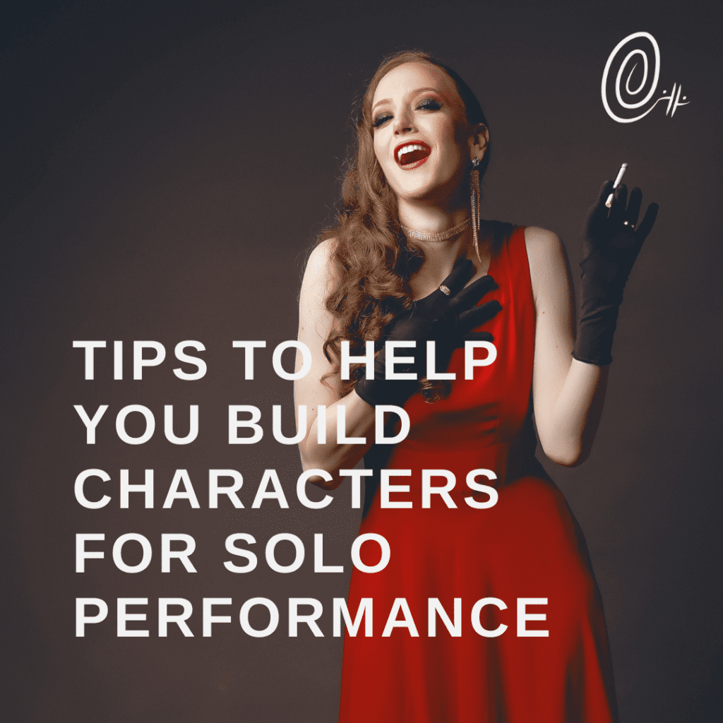 A woman in a red dress laughing with the words "tips to help you build characters for solo performance"