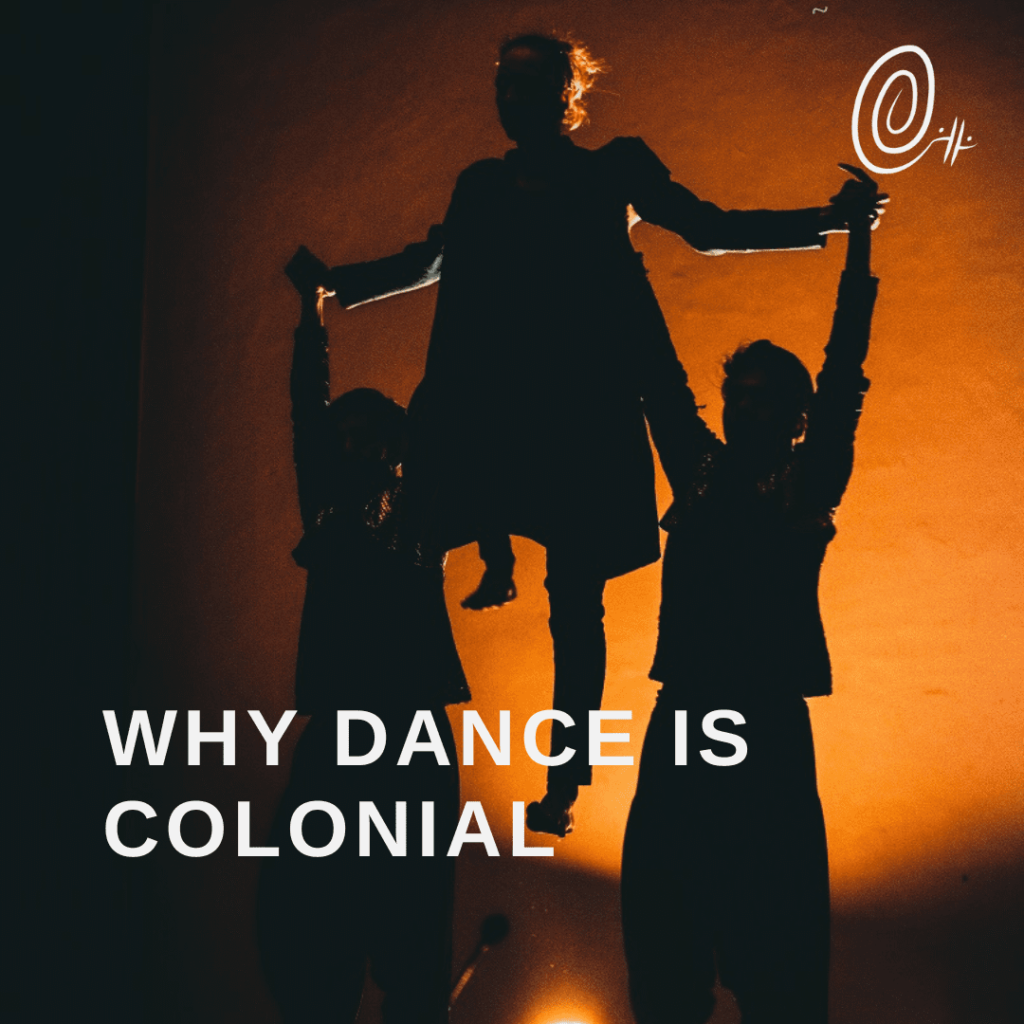 A silhouette of two dancers holding a third dancer up over their hands with orange backlight and the title text overlaid