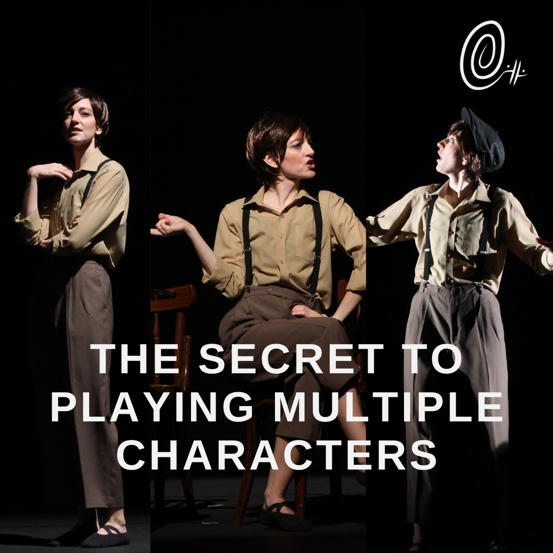 Gillian as three different characters from the play searching for pierrot