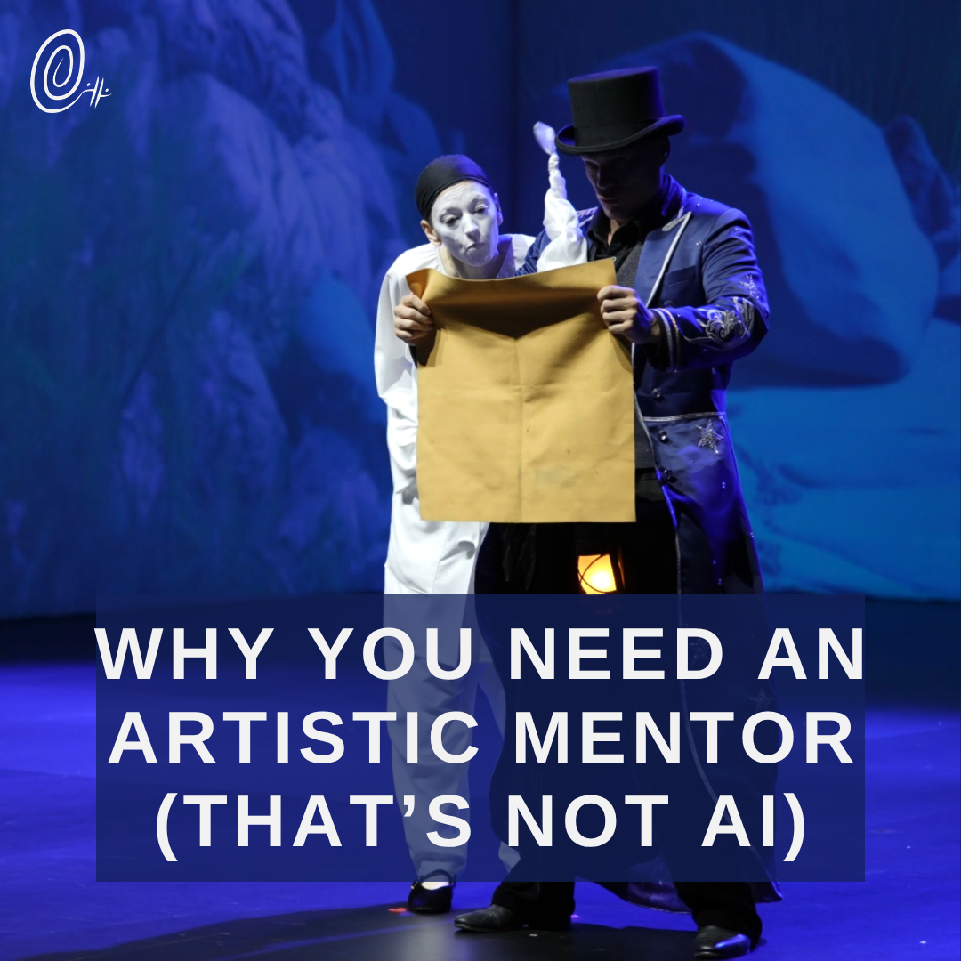 Gillian as Pierrot with Mister Moon trying to read a map with the blog title overlaid